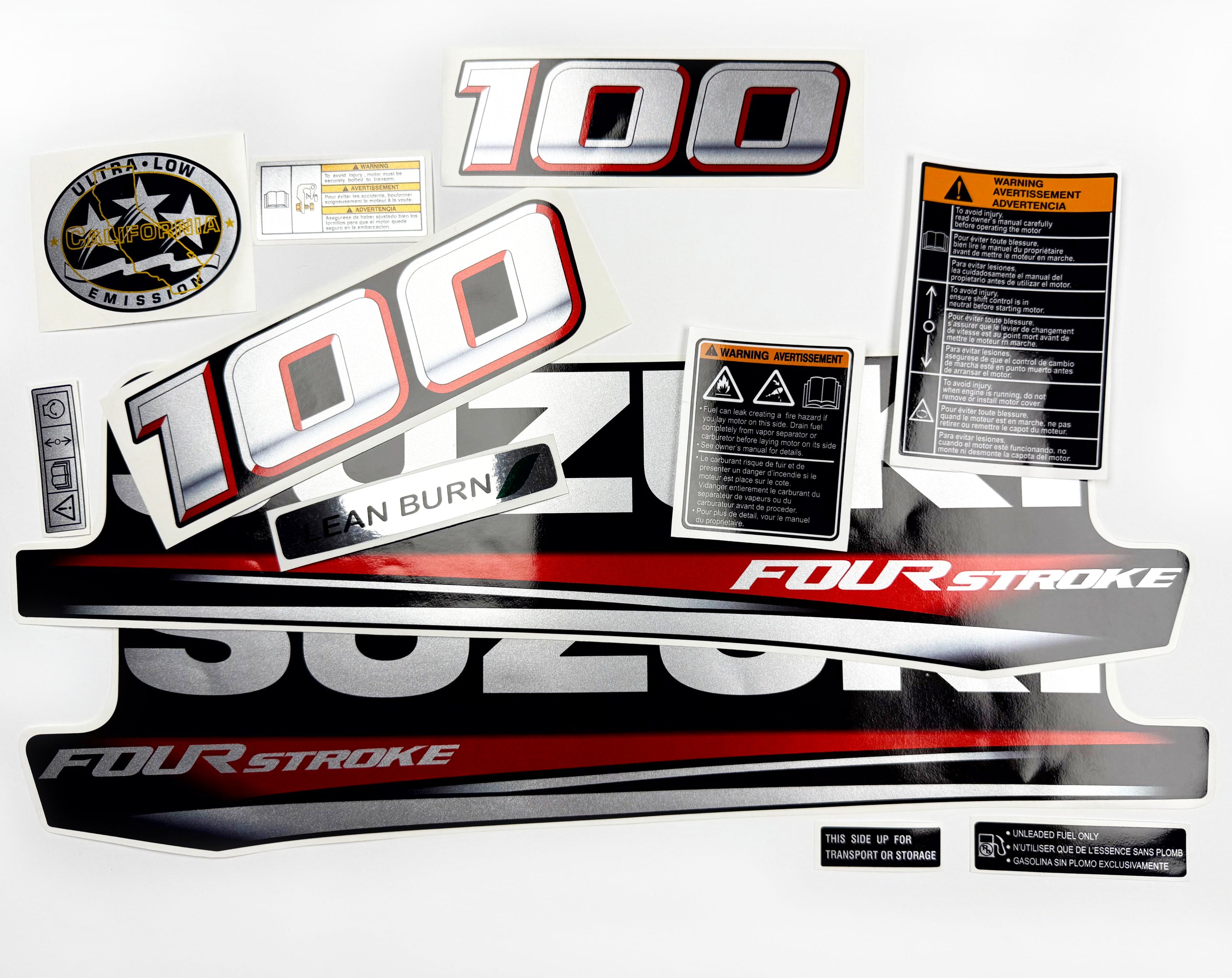 Vinyl graphic silver metalized shimmer decals set suitable for Suzuki 100 hp four stroke outboard engine. Vinyl stickers kit for suzuki 100 hp four stroke Handmade
