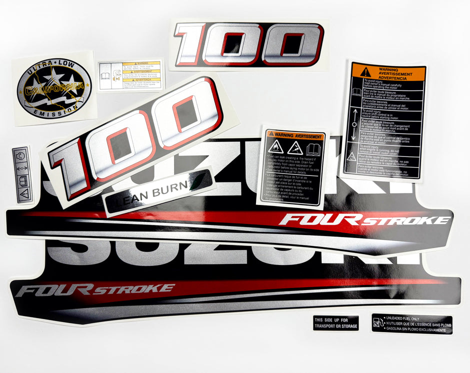 Vinyl graphic silver metalized shimmer decals set suitable for Suzuki 100 hp four stroke outboard engine. Vinyl stickers kit for suzuki 100 hp four stroke Handmade