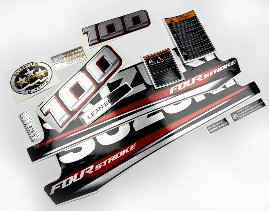 Vinyl graphic silver metalized shimmer decals set suitable for Suzuki 100 hp four stroke outboard engine. Vinyl stickers kit for suzuki 100 hp four stroke Handmade