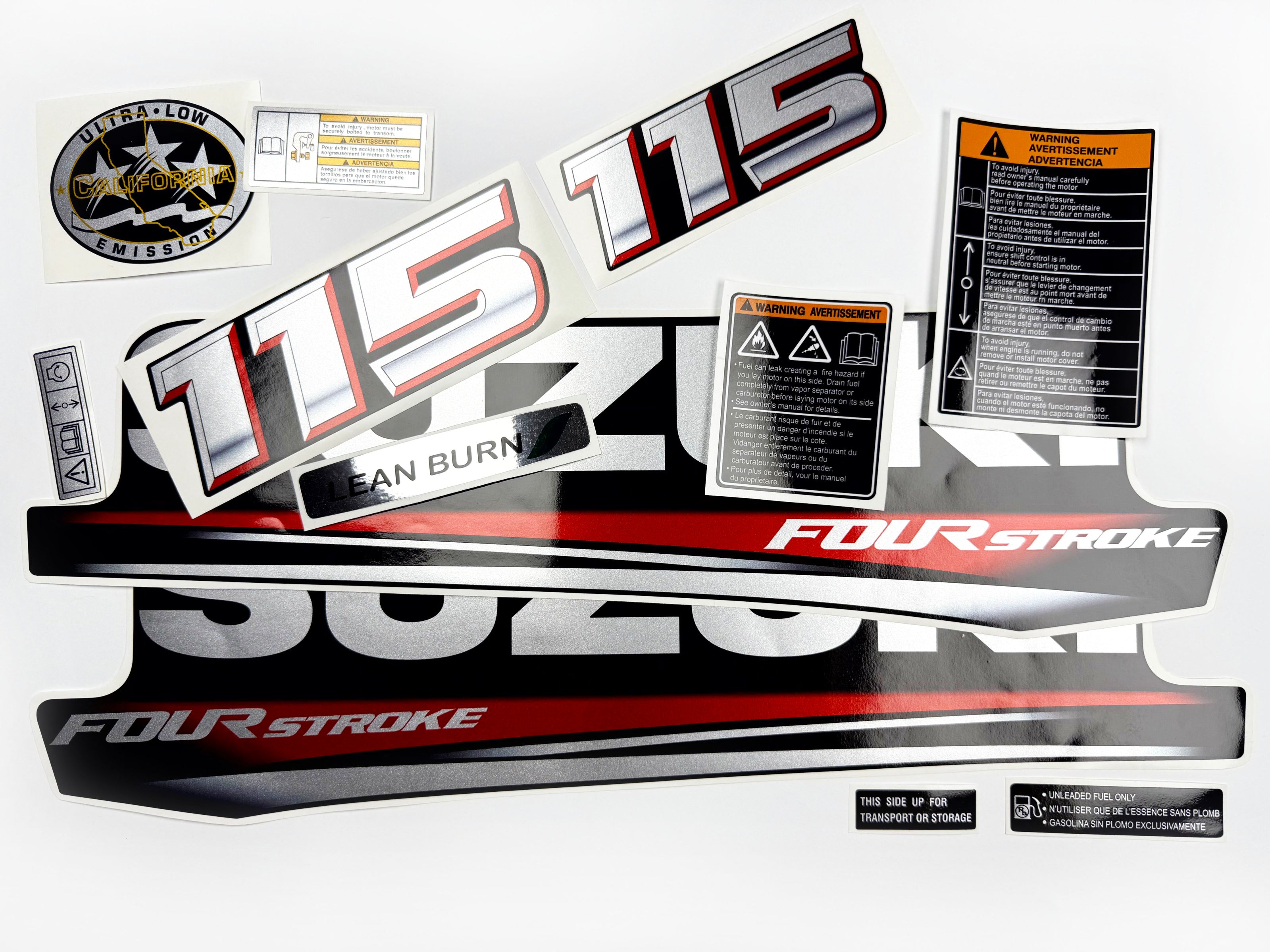 Vinyl graphic silver metalized shimmer decals set suitable for Suzuki 115 hp four stroke outboard engine. Vinyl stickers kit for suzuki 115 hp four stroke Handmade