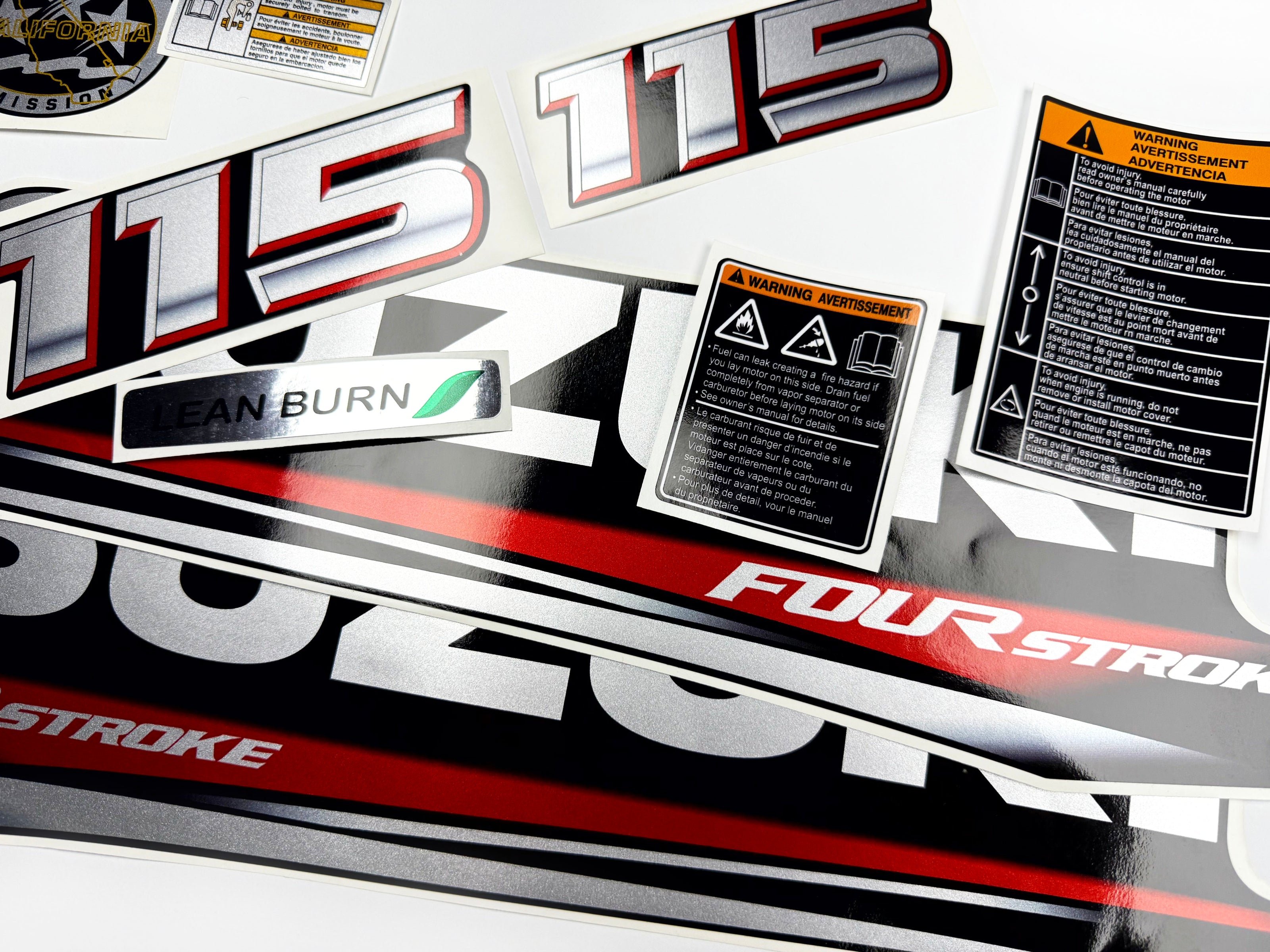 Vinyl graphic silver metalized shimmer decals set suitable for Suzuki 115 hp four stroke outboard engine. Vinyl stickers kit for suzuki 115 hp four stroke Handmade