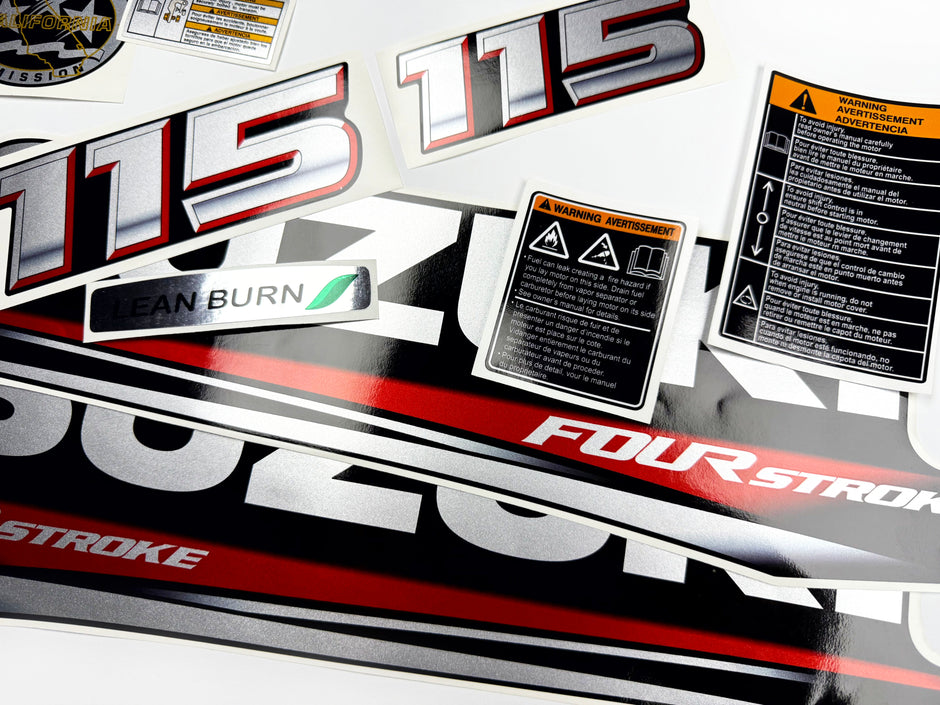 Vinyl graphic silver metalized shimmer decals set suitable for Suzuki 115 hp four stroke outboard engine. Vinyl stickers kit for suzuki 115 hp four stroke Handmade