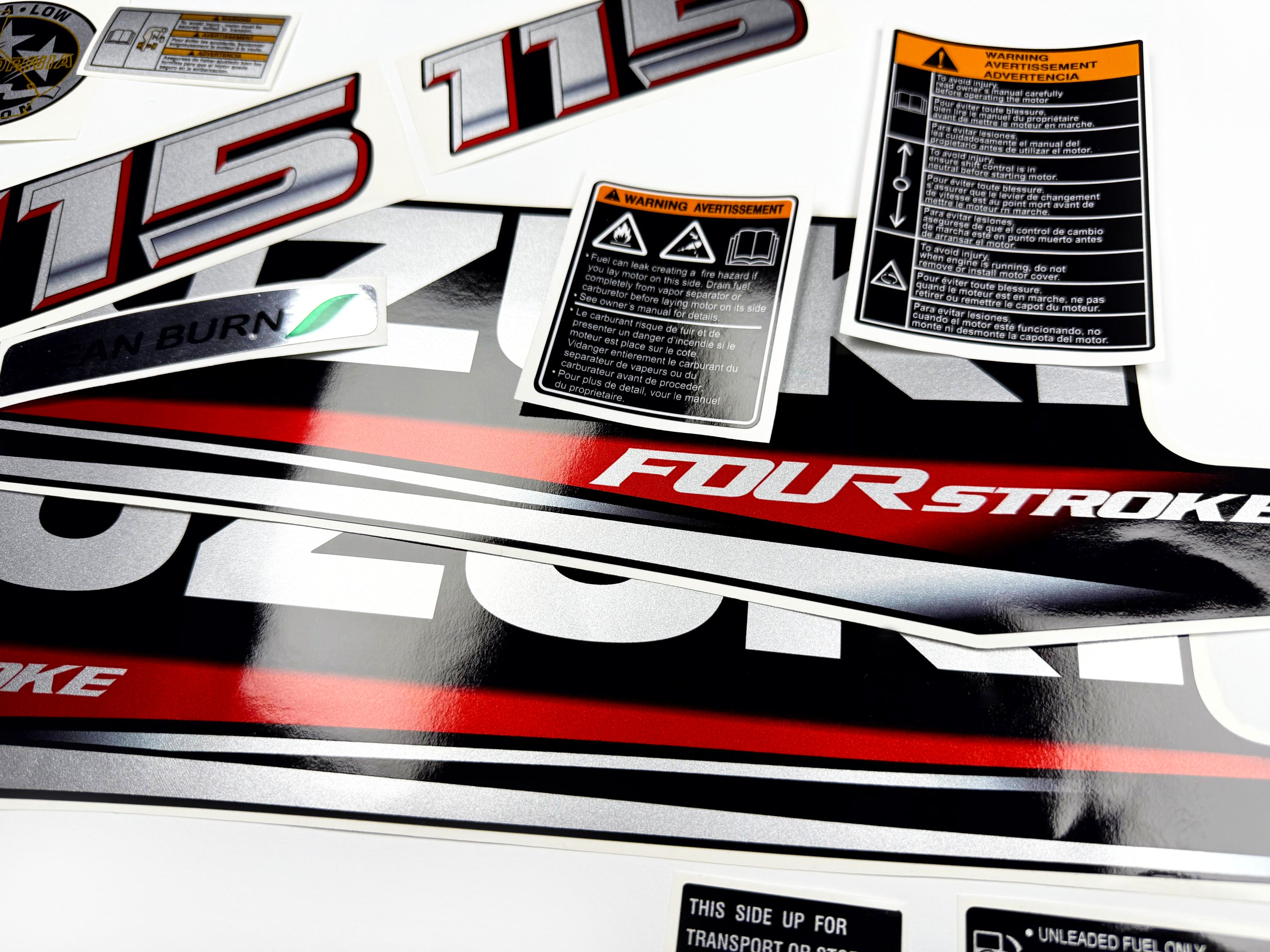 Vinyl graphic silver metalized shimmer decals set suitable for Suzuki 115 hp four stroke outboard engine. Vinyl stickers kit for suzuki 115 hp four stroke Handmade