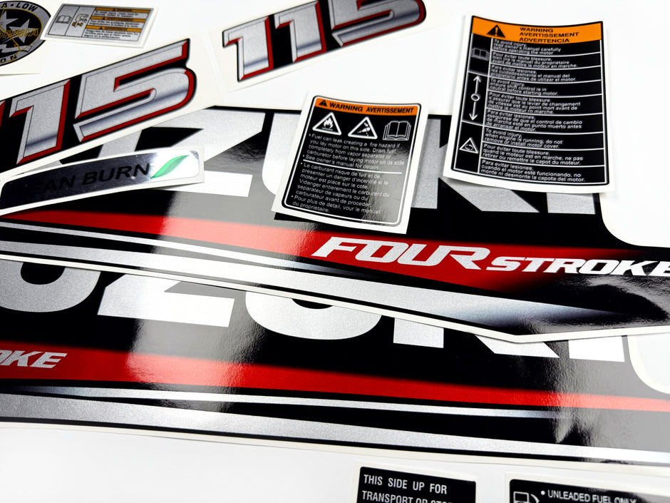 Vinyl graphic silver metalized shimmer decals set suitable for Suzuki 115 hp four stroke outboard engine. Vinyl stickers kit for suzuki 115 hp four stroke Handmade