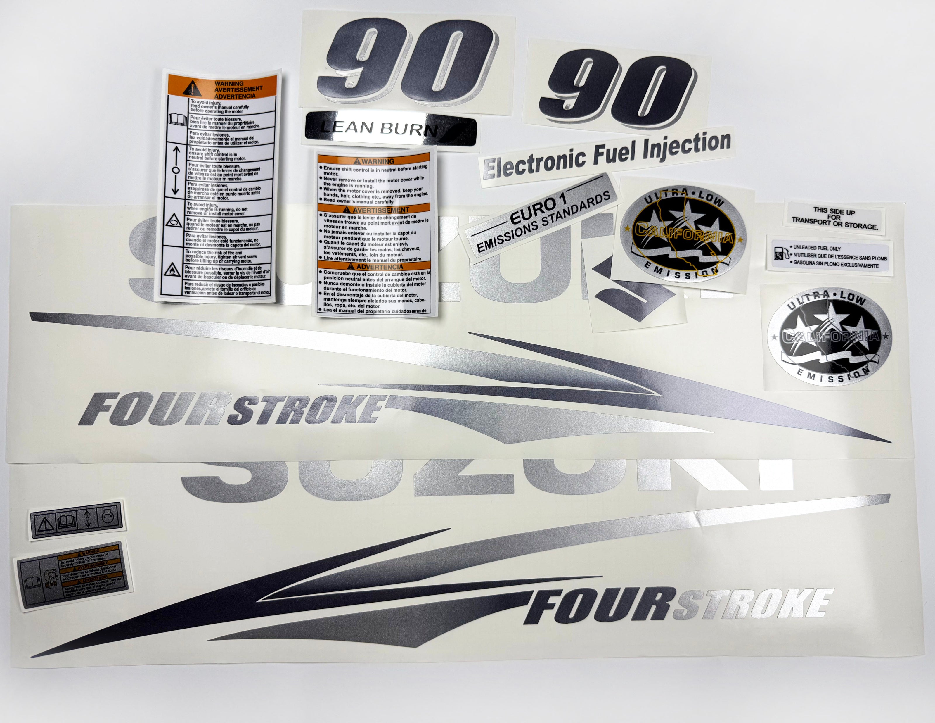 Vinyl graphic metallic silver glitter decals set suitable for Suzuki 90 hp four stroke for white cowling outboard engine. Vinyl stickers kit for suzuki 90 hp four stroke Handmade