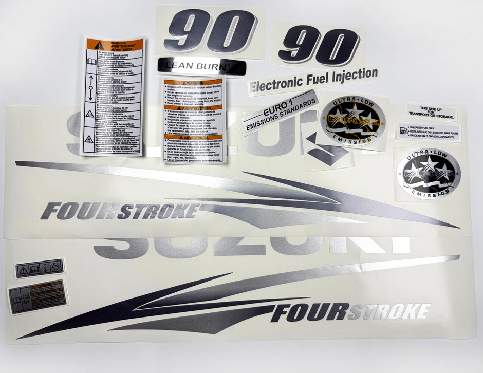 Vinyl graphic metallic silver glitter decals set suitable for Suzuki 90 hp four stroke for white cowling outboard engine. Vinyl stickers kit for suzuki 90 hp four stroke Handmade