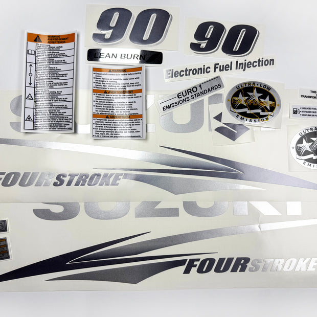 Vinyl graphic metallic silver glitter decals set suitable for Suzuki 90 hp four stroke for white cowling outboard engine. Vinyl stickers kit for suzuki 90 hp four stroke Handmade