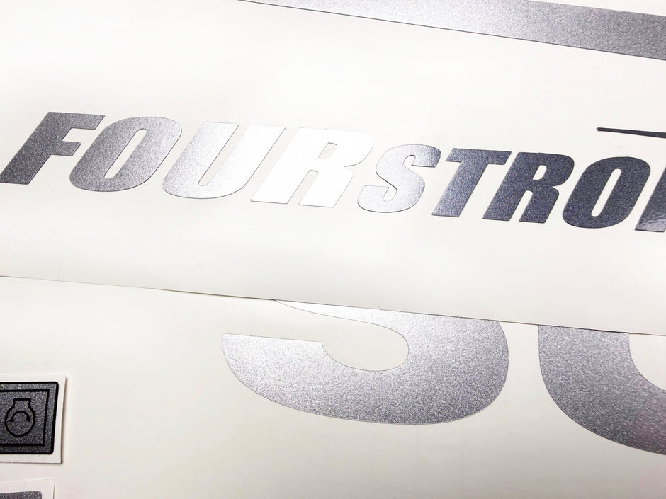 Vinyl graphic metallic silver glitter decals set suitable for Suzuki 70 hp four stroke for white cowling outboard engine. Vinyl stickers kit for suzuki 70 hp four stroke Handmade