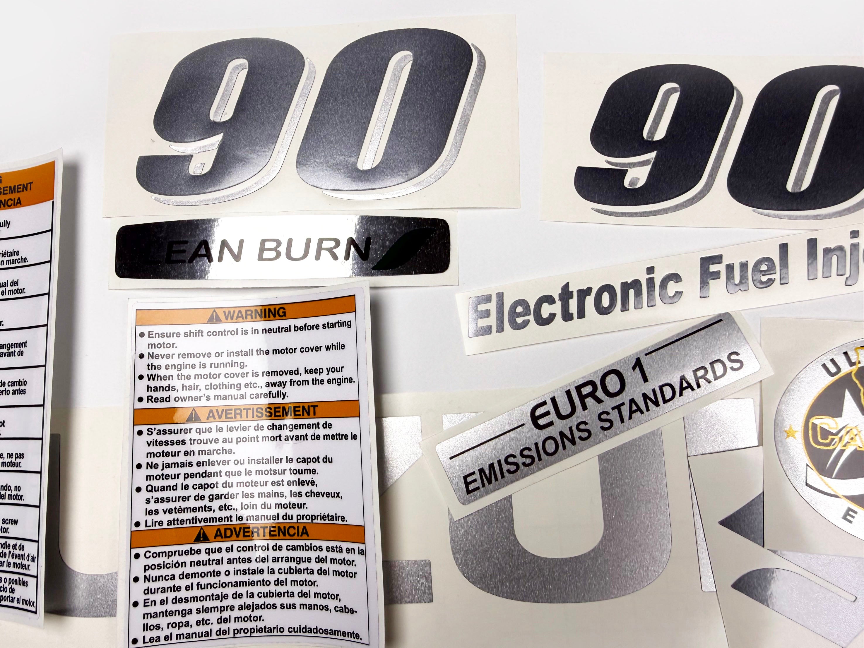 Vinyl graphic metallic silver glitter decals set suitable for Suzuki 90 hp four stroke for white cowling outboard engine. Vinyl stickers kit for suzuki 90 hp four stroke Handmade