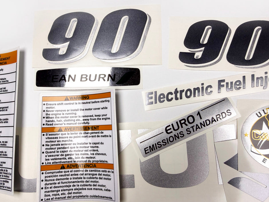 Vinyl graphic metallic silver glitter decals set suitable for Suzuki 90 hp four stroke for white cowling outboard engine. Vinyl stickers kit for suzuki 90 hp four stroke Handmade