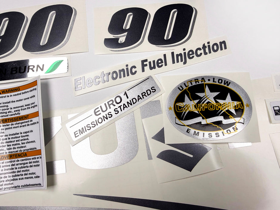 Vinyl graphic metallic silver glitter decals set suitable for Suzuki 90 hp four stroke for white cowling outboard engine. Vinyl stickers kit for suzuki 90 hp four stroke Handmade