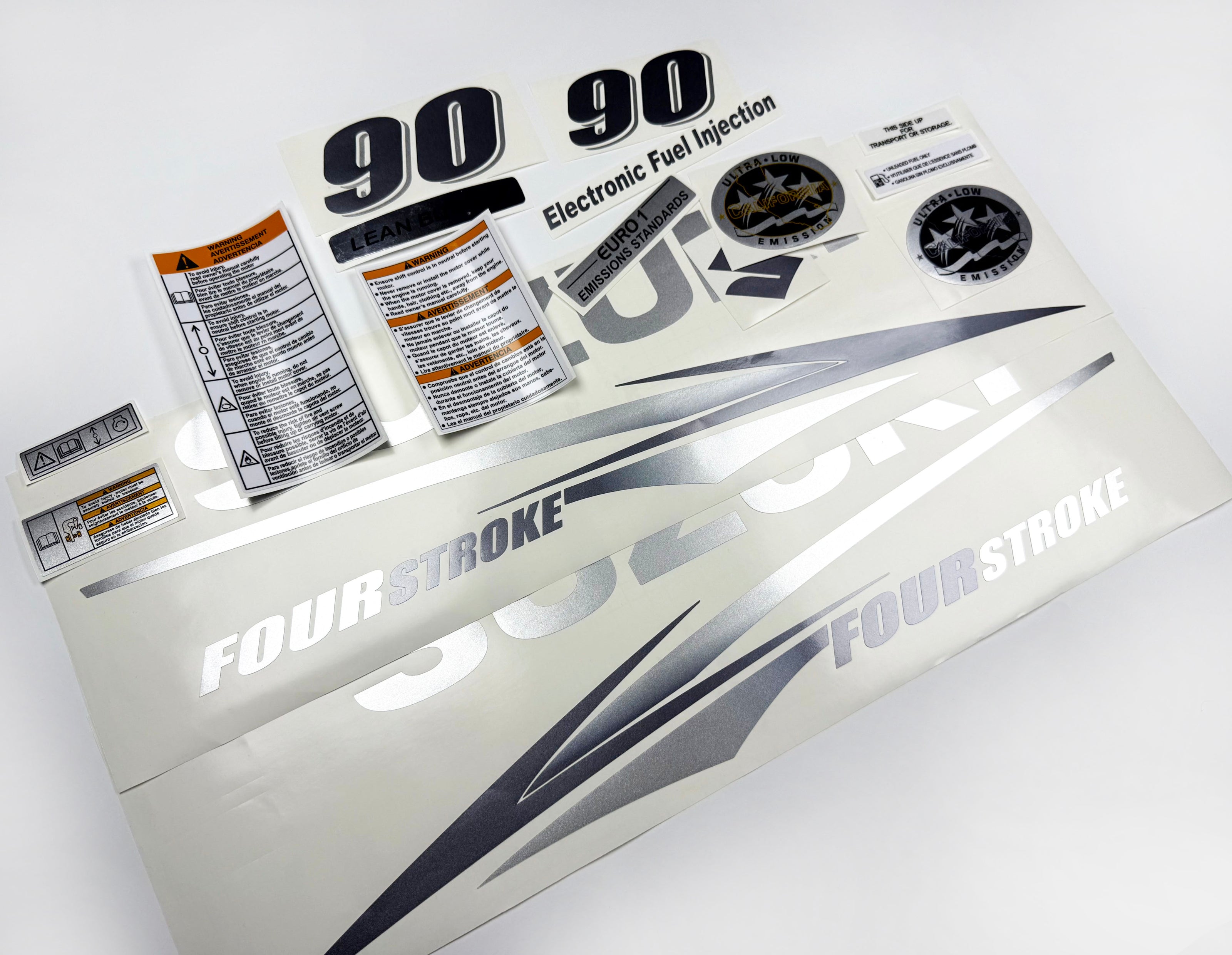 Vinyl graphic metallic silver glitter decals set suitable for Suzuki 90 hp four stroke for white cowling outboard engine. Vinyl stickers kit for suzuki 90 hp four stroke Handmade