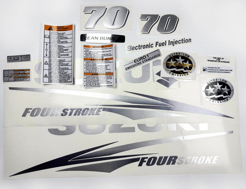 Vinyl graphic metallic silver glitter decals set suitable for Suzuki 70 hp four stroke for white cowling outboard engine. Vinyl stickers kit for suzuki 70 hp four stroke Handmade