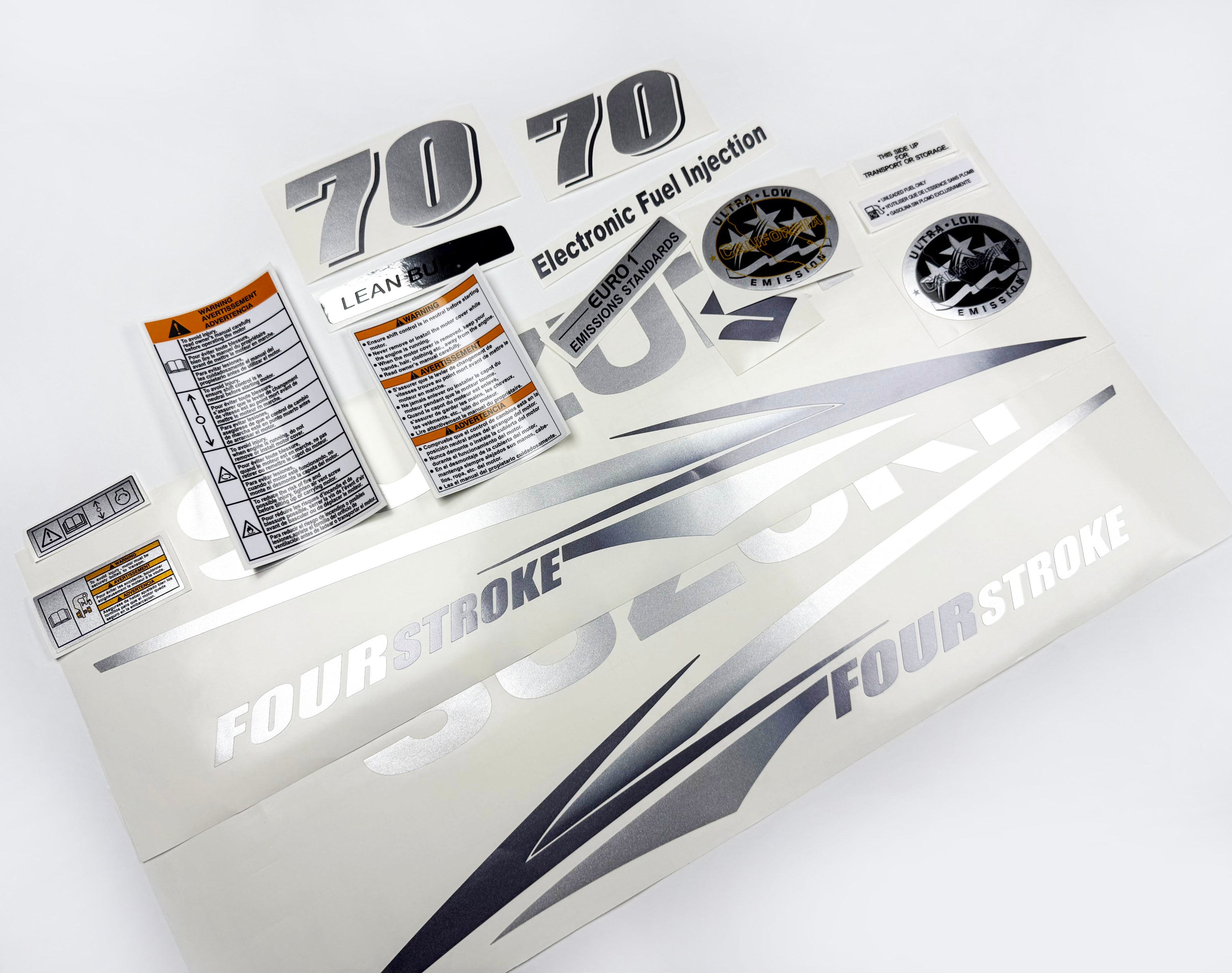 Vinyl graphic metallic silver glitter decals set suitable for Suzuki 70 hp four stroke for white cowling outboard engine. Vinyl stickers kit for suzuki 70 hp four stroke Handmade