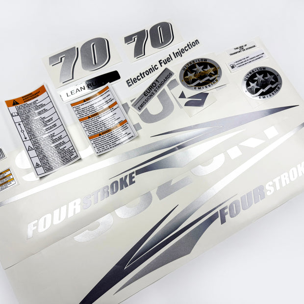 Vinyl graphic metallic silver glitter decals set suitable for Suzuki 70 hp four stroke for white cowling outboard engine. Vinyl stickers kit for suzuki 70 hp four stroke Handmade