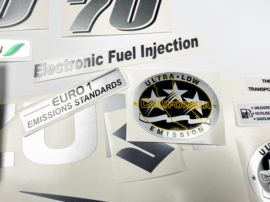 Vinyl graphic metallic silver glitter decals set suitable for Suzuki 70 hp four stroke for white cowling outboard engine. Vinyl stickers kit for suzuki 70 hp four stroke Handmade