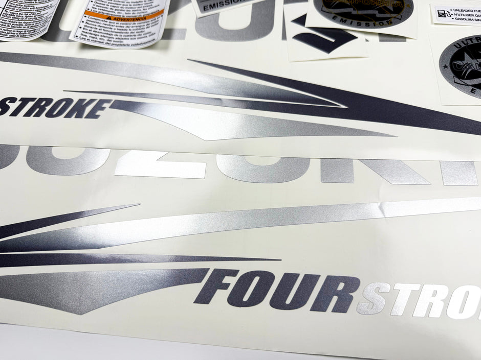 Vinyl graphic metallic silver glitter decals set suitable for Suzuki 90 hp four stroke for white cowling outboard engine. Vinyl stickers kit for suzuki 90 hp four stroke Handmade