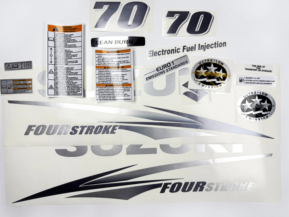 Vinyl graphic metallic silver glitter decals set suitable for Suzuki 70 hp four stroke for white cowling outboard engine. Vinyl stickers kit for suzuki 70 hp four stroke Handmade