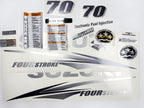 Vinyl graphic metallic silver glitter decals set suitable for Suzuki 70 hp four stroke for white cowling outboard engine. Vinyl stickers kit for suzuki 70 hp four stroke Handmade