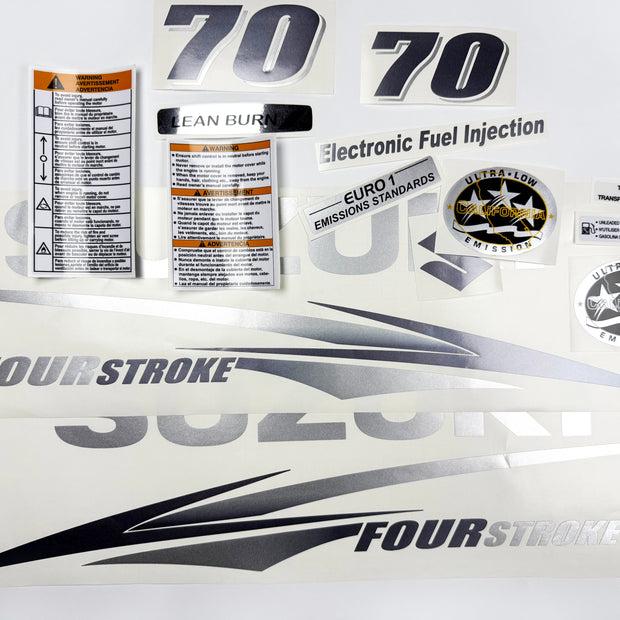 Vinyl graphic metallic silver glitter decals set suitable for Suzuki 70 hp four stroke for white cowling outboard engine. Vinyl stickers kit for suzuki 70 hp four stroke Handmade