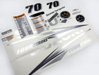 Vinyl graphic metallic silver glitter decals set suitable for Suzuki 70 hp four stroke for white cowling outboard engine. Vinyl stickers kit for suzuki 70 hp four stroke Handmade