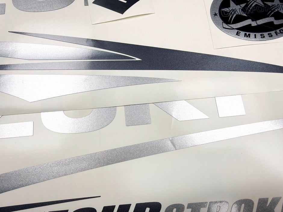 Vinyl graphic metallic silver glitter decals set suitable for Suzuki 90 hp four stroke for white cowling outboard engine. Vinyl stickers kit for suzuki 90 hp four stroke Handmade