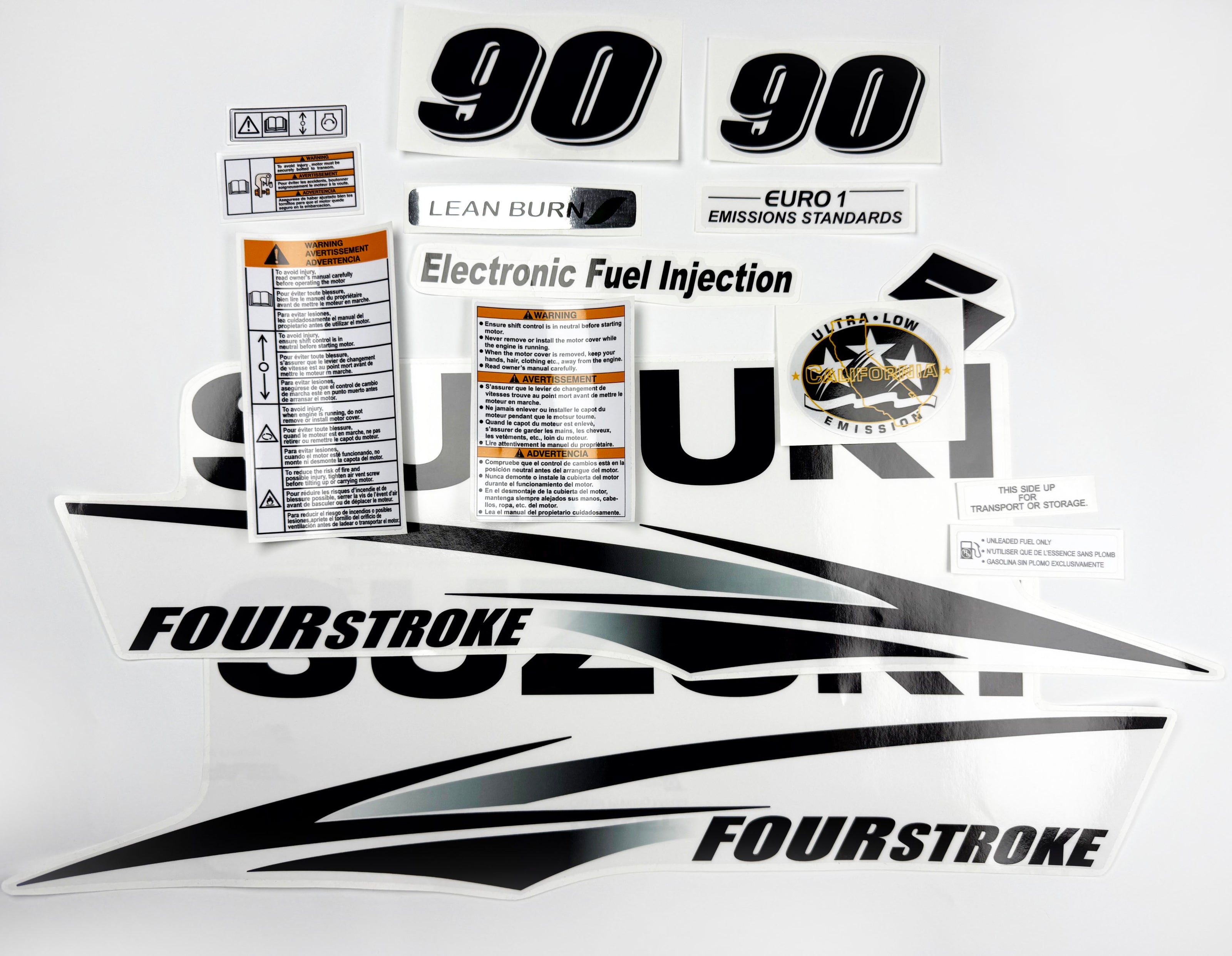 Vinyl graphic decals set clear film grey color suitable for Suzuki 90 hp white cover hood four stroke outboard engine. Vinyl stickers kit for suzuki 90 hp four stroke Handmade