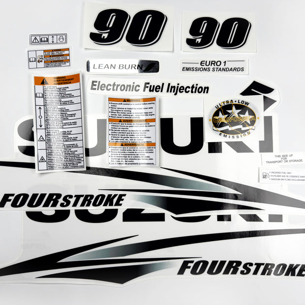 Vinyl graphic decals set clear film grey color suitable for Suzuki 90 hp white cover hood four stroke outboard engine. Vinyl stickers kit for suzuki 90 hp four stroke Handmade