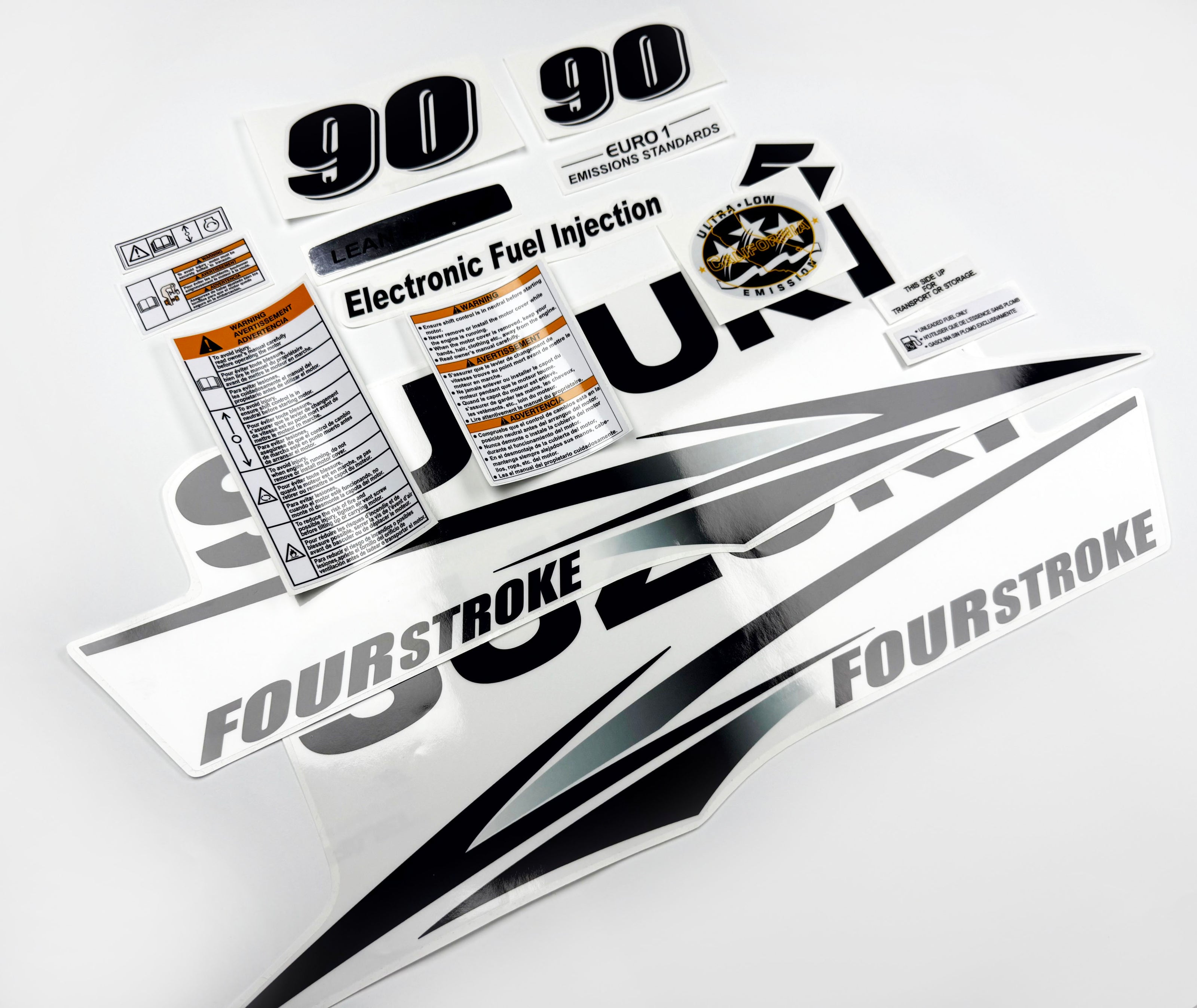 Vinyl graphic decals set clear film grey color suitable for Suzuki 90 hp white cover hood four stroke outboard engine. Vinyl stickers kit for suzuki 90 hp four stroke Handmade