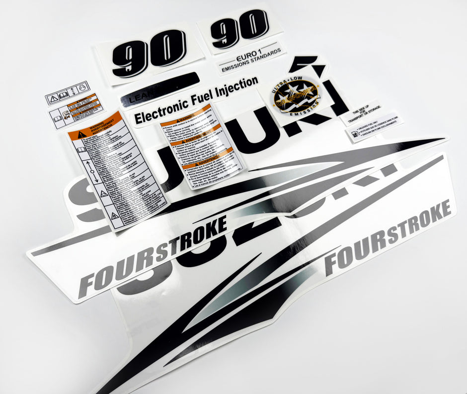 Vinyl graphic decals set clear film grey color suitable for Suzuki 90 hp white cover hood four stroke outboard engine. Vinyl stickers kit for suzuki 90 hp four stroke Handmade