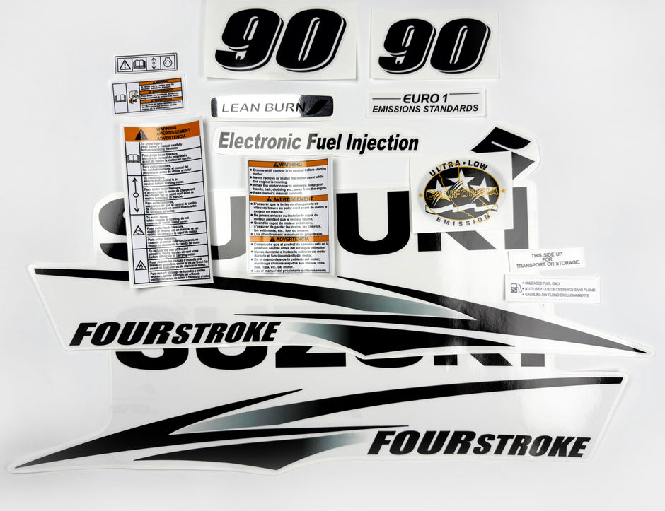 Vinyl graphic decals set clear film grey color suitable for Suzuki 90 hp white cover hood four stroke outboard engine. Vinyl stickers kit for suzuki 90 hp four stroke Handmade