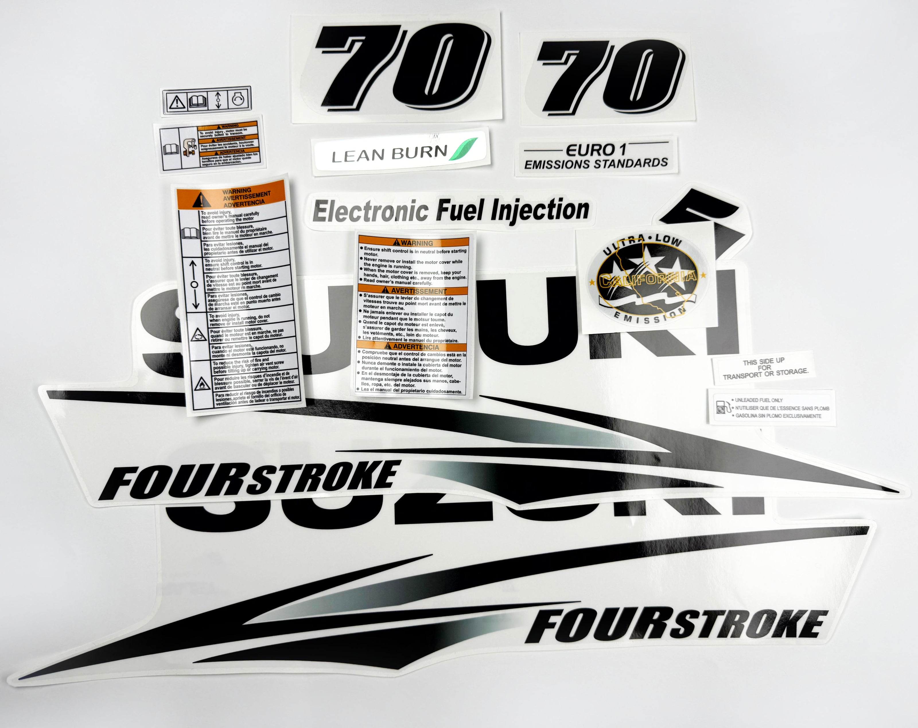 Vinyl graphic decals set clear film grey color suitable for Suzuki 70 hp white cover hood four stroke outboard engine. Vinyl stickers kit for suzuki 70 hp four stroke Handmade