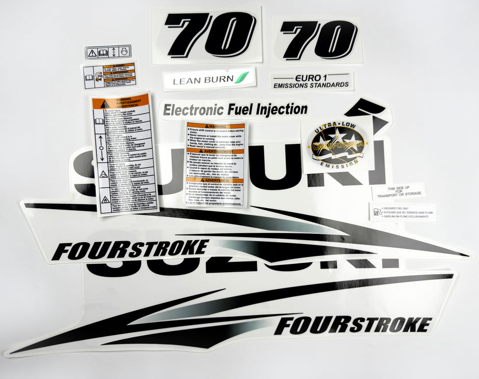 Vinyl graphic decals set clear film grey color suitable for Suzuki 70 hp white cover hood four stroke outboard engine. Vinyl stickers kit for suzuki 70 hp four stroke Handmade