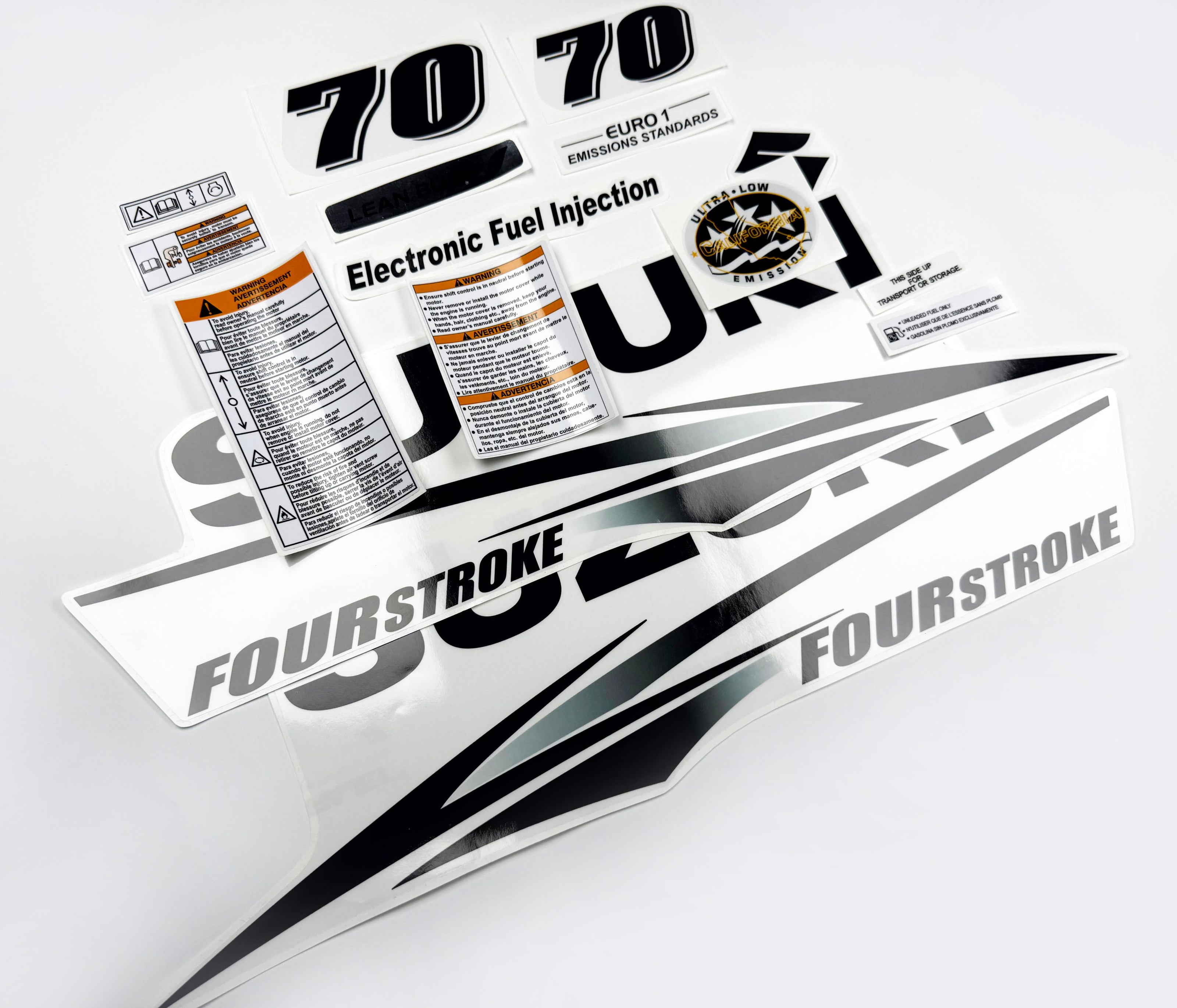 Vinyl graphic decals set clear film grey color suitable for Suzuki 70 hp white cover hood four stroke outboard engine. Vinyl stickers kit for suzuki 70 hp four stroke Handmade