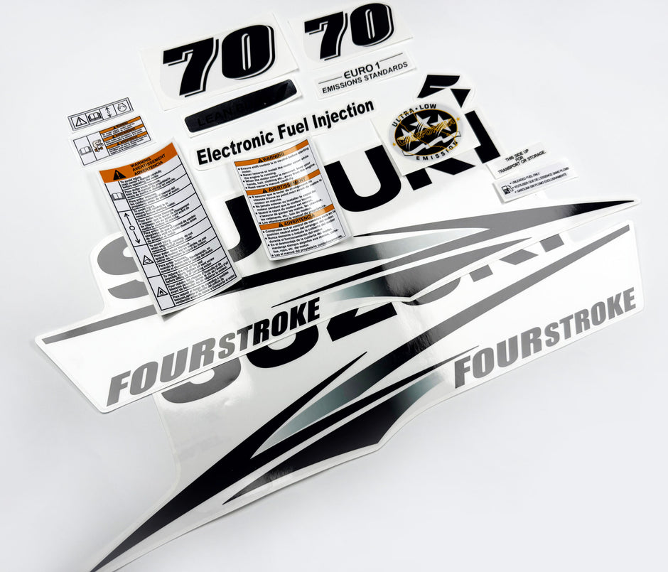 Vinyl graphic decals set clear film grey color suitable for Suzuki 70 hp white cover hood four stroke outboard engine. Vinyl stickers kit for suzuki 70 hp four stroke Handmade