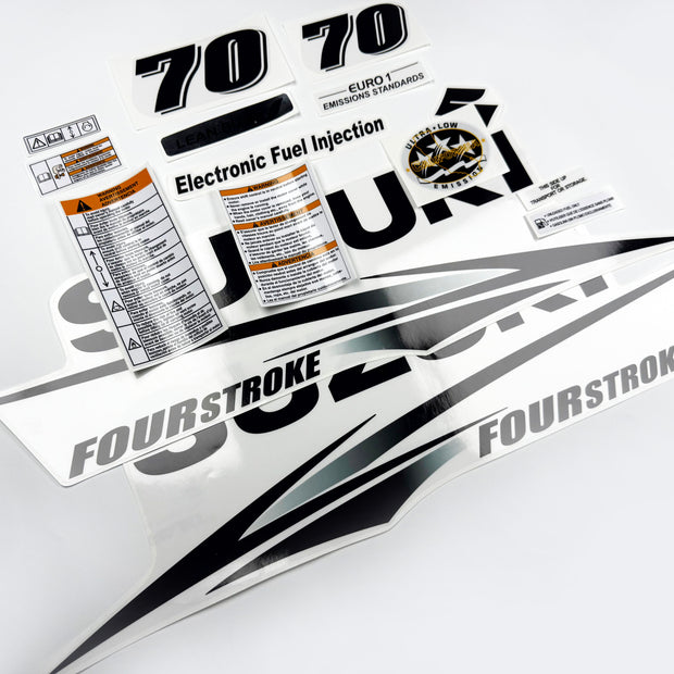 Vinyl graphic decals set clear film grey color suitable for Suzuki 70 hp white cover hood four stroke outboard engine. Vinyl stickers kit for suzuki 70 hp four stroke Handmade