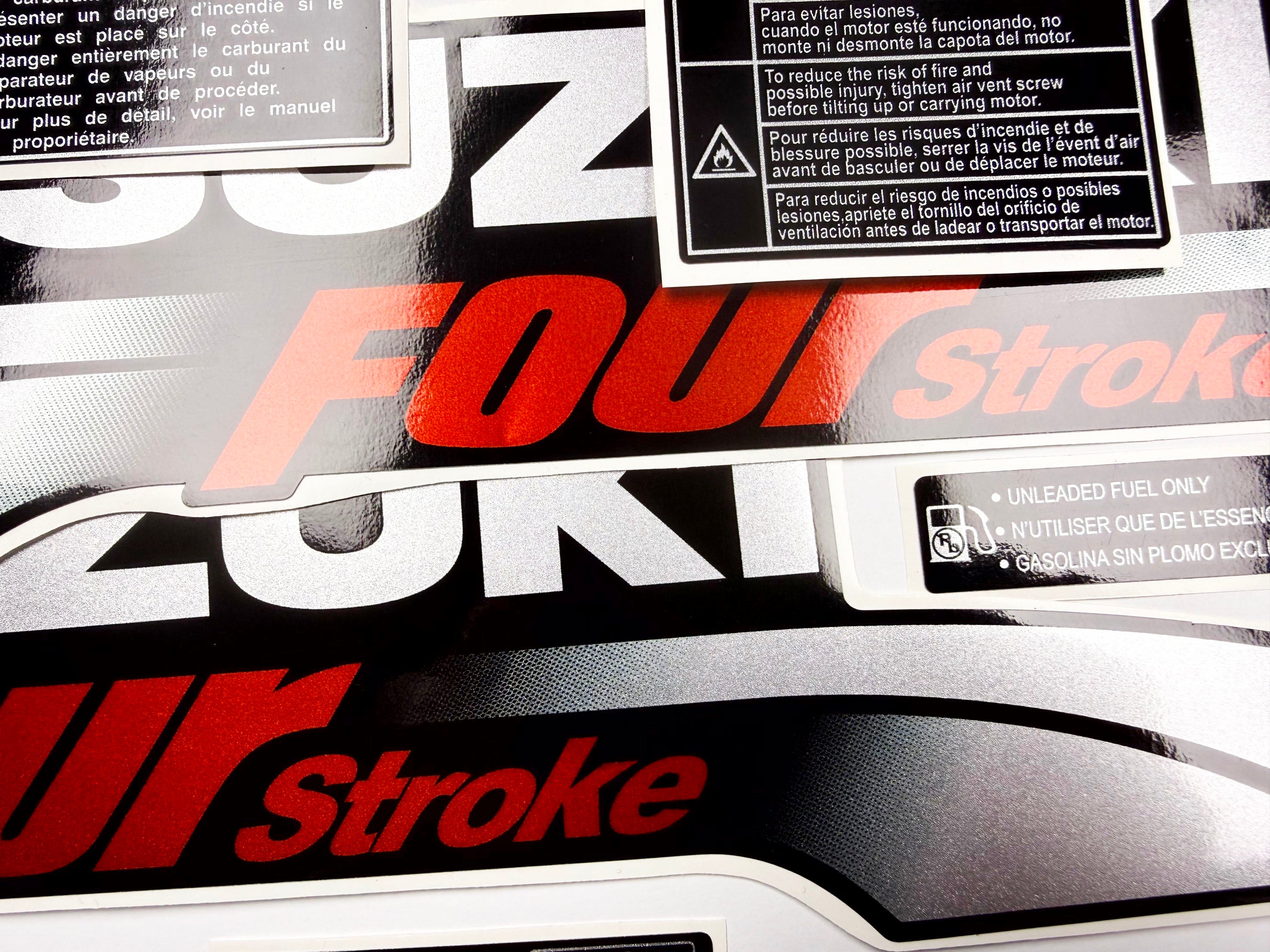 Vinyl graphic silver shimmer decals set suitable for Suzuki 4 hp four stroke outboard engine. Vinyl stickers kit for suzuki 4 hp four stroke Handmade
