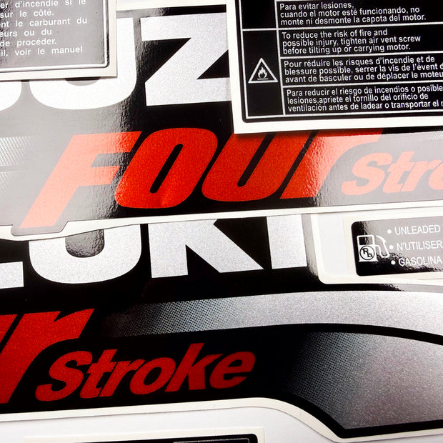 Vinyl graphic silver red shimmer decals set suitable for Suzuki 6 hp four stroke outboard engine. Vinyl stickers kit for suzuki 6 hp four stroke Handmade