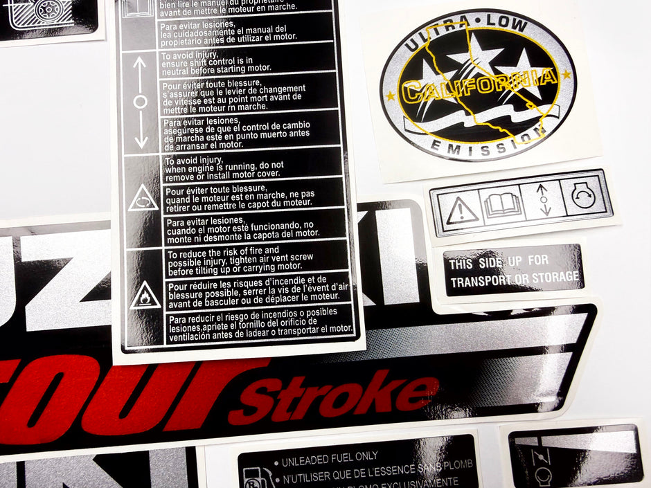 Vinyl graphic silver red shimmer decals set suitable for Suzuki 5 hp four stroke outboard engine. Vinyl stickers kit for suzuki 5 hp four stroke Handmade