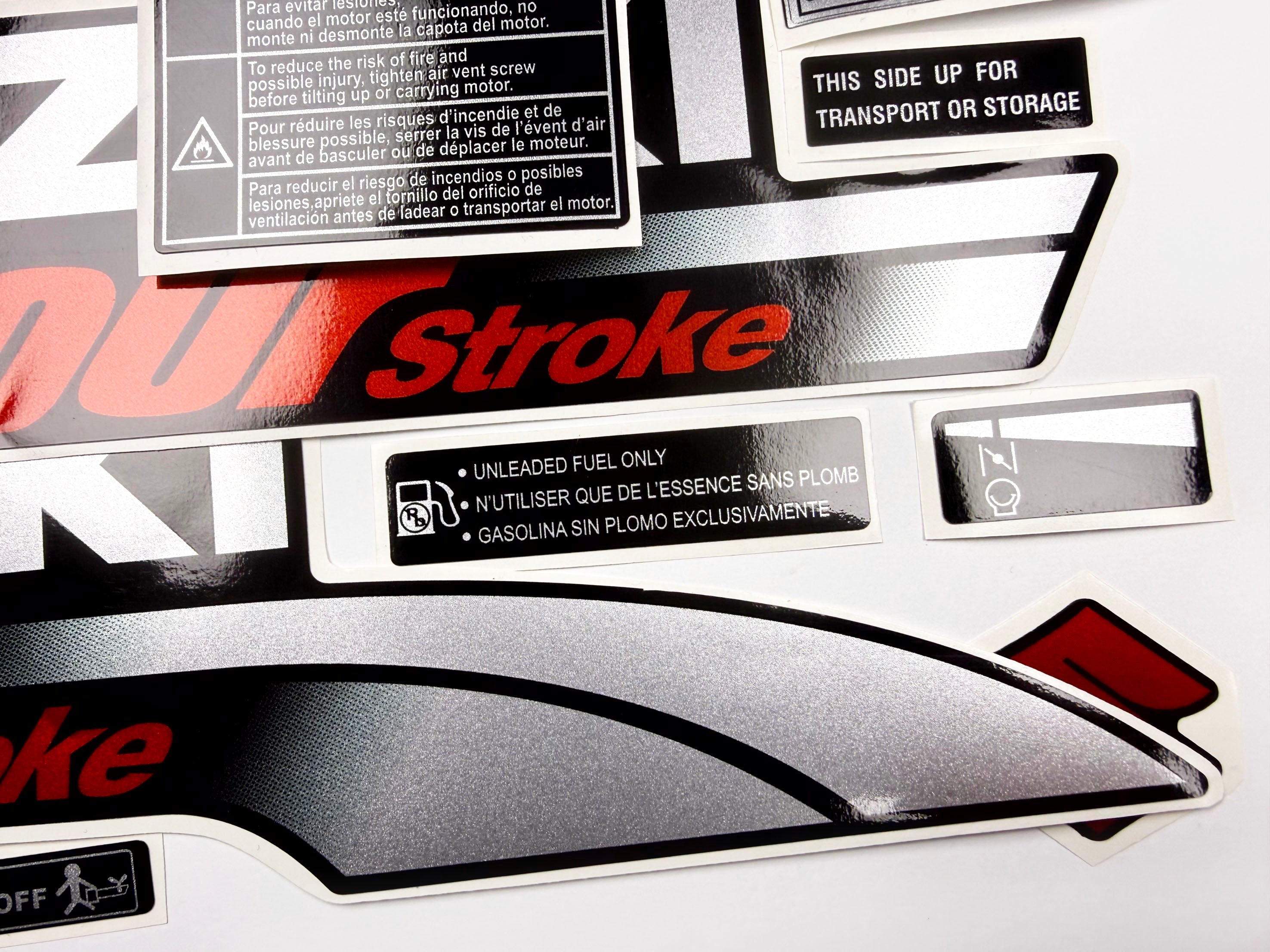 Vinyl graphic silver red shimmer decals set suitable for Suzuki 6 hp four stroke outboard engine. Vinyl stickers kit for suzuki 6 hp four stroke Handmade