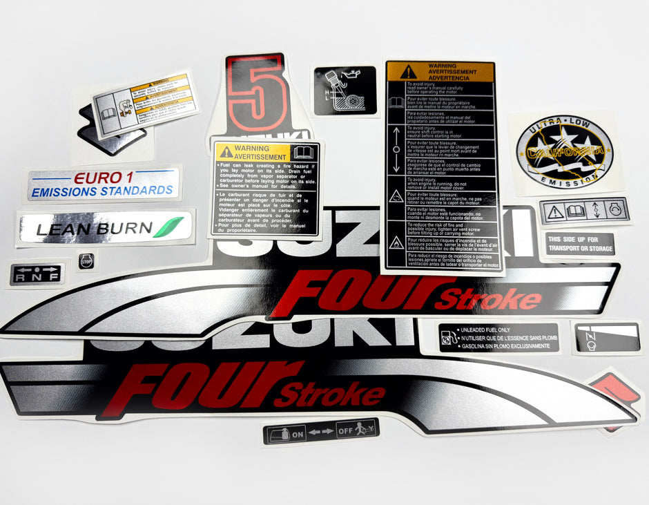 Vinyl graphic silver red shimmer decals set suitable for Suzuki 5 hp four stroke outboard engine. Vinyl stickers kit for suzuki 5 hp four stroke Handmade