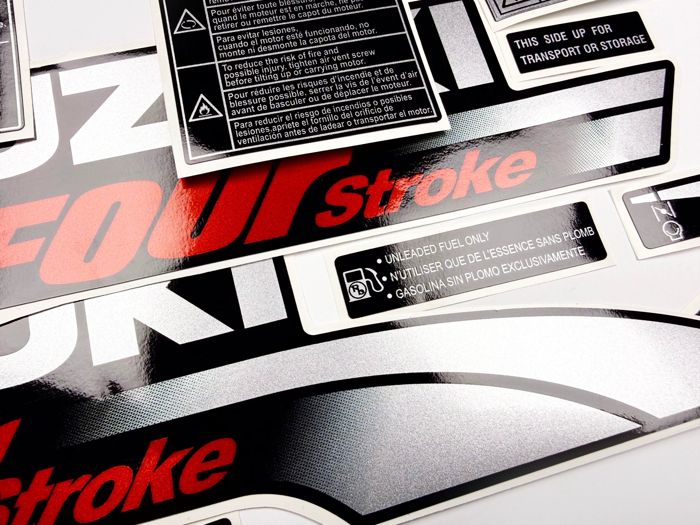 Vinyl graphic silver red shimmer decals set suitable for Suzuki 6 hp four stroke outboard engine. Vinyl stickers kit for suzuki 6 hp four stroke Handmade
