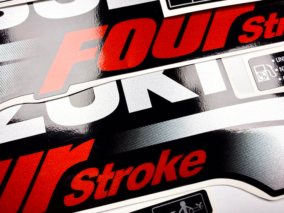 Vinyl graphic silver red shimmer decals set suitable for Suzuki 6 hp four stroke outboard engine. Vinyl stickers kit for suzuki 6 hp four stroke Handmade
