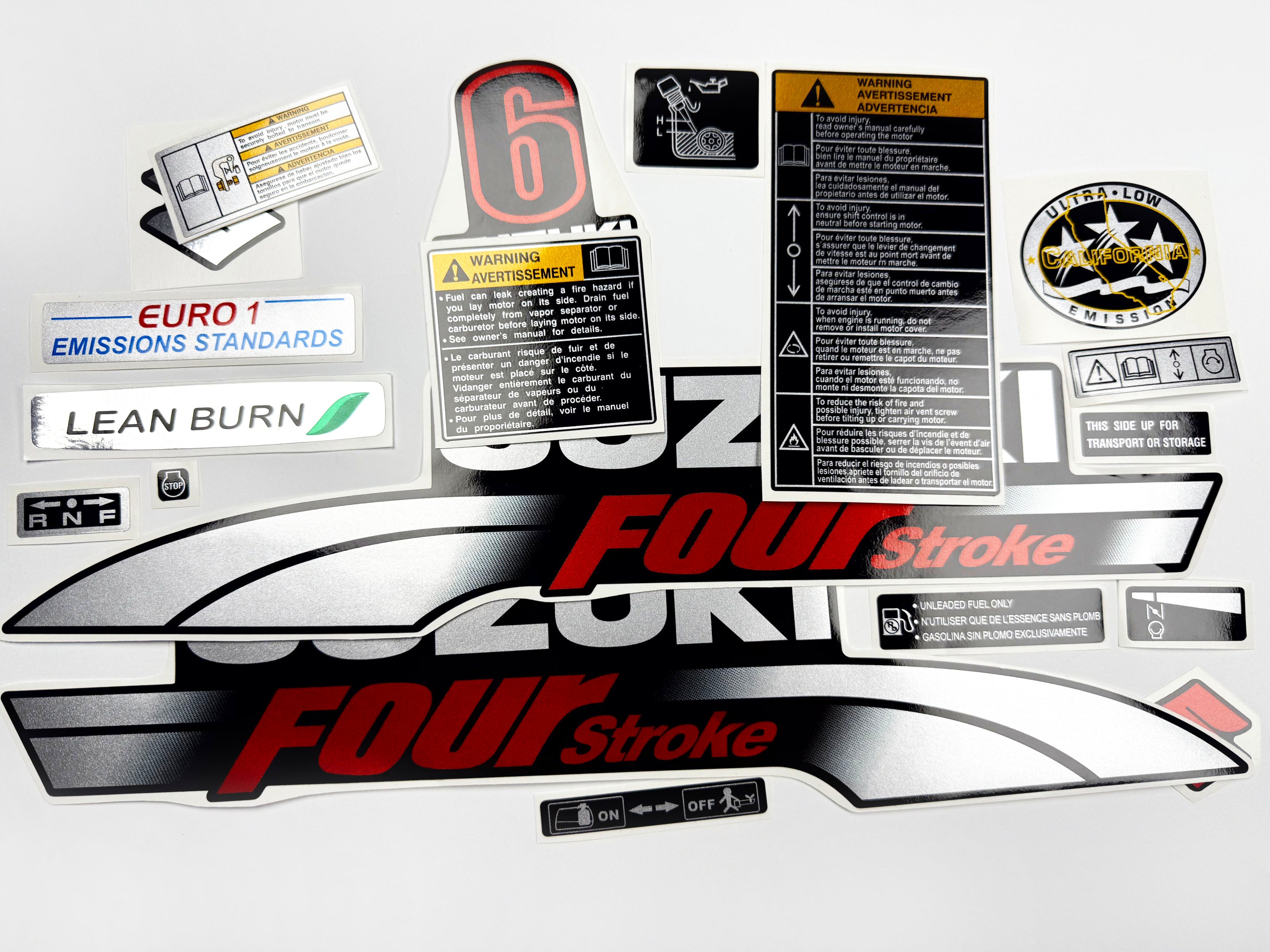 Vinyl graphic silver red shimmer decals set suitable for Suzuki 6 hp four stroke outboard engine. Vinyl stickers kit for suzuki 6 hp four stroke Handmade