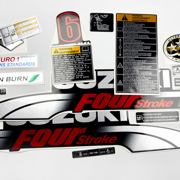 Vinyl graphic silver red shimmer decals set suitable for Suzuki 6 hp four stroke outboard engine. Vinyl stickers kit for suzuki 6 hp four stroke Handmade