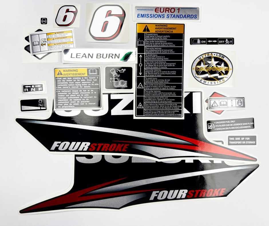 Vinyl graphic silver red shimmer decals set suitable for Suzuki 6 hp four stroke outboard engine. Vinyl stickers kit for suzuki 6 hp four stroke Handmade
