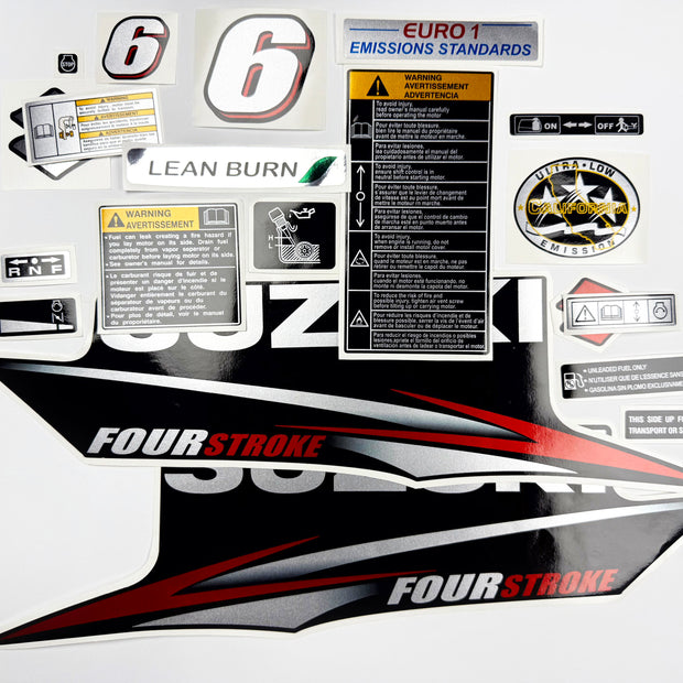 Vinyl graphic silver red shimmer decals set suitable for Suzuki 6 hp four stroke outboard engine. Vinyl stickers kit for suzuki 6 hp four stroke Handmade