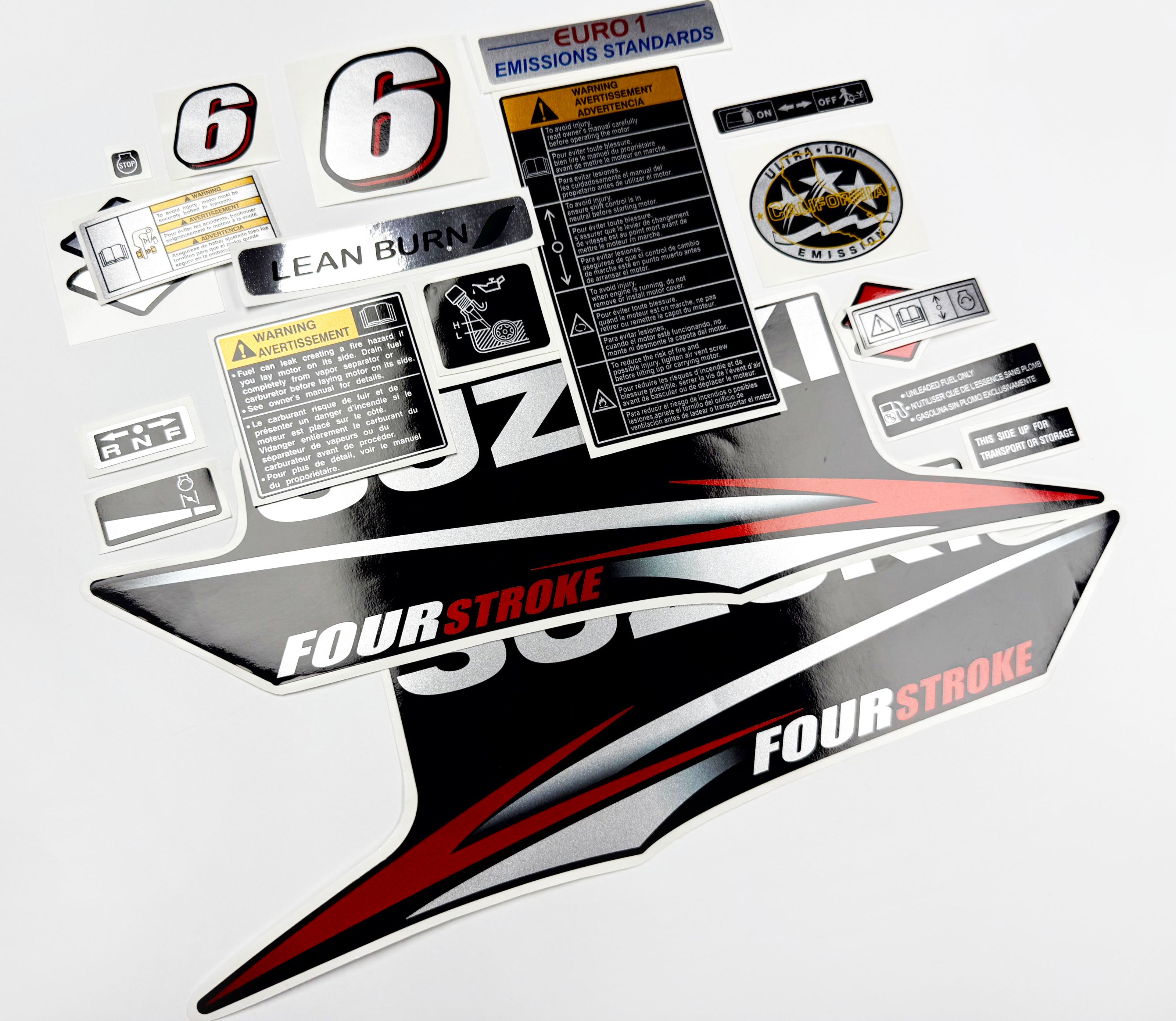 Vinyl graphic silver red shimmer decals set suitable for Suzuki 6 hp four stroke outboard engine. Vinyl stickers kit for suzuki 6 hp four stroke Handmade