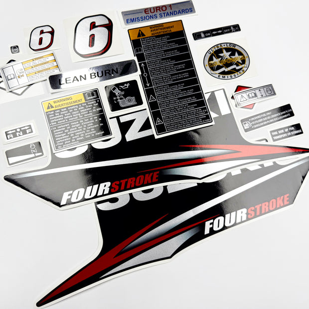 Vinyl graphic silver red shimmer decals set suitable for Suzuki 6 hp four stroke outboard engine. Vinyl stickers kit for suzuki 6 hp four stroke Handmade