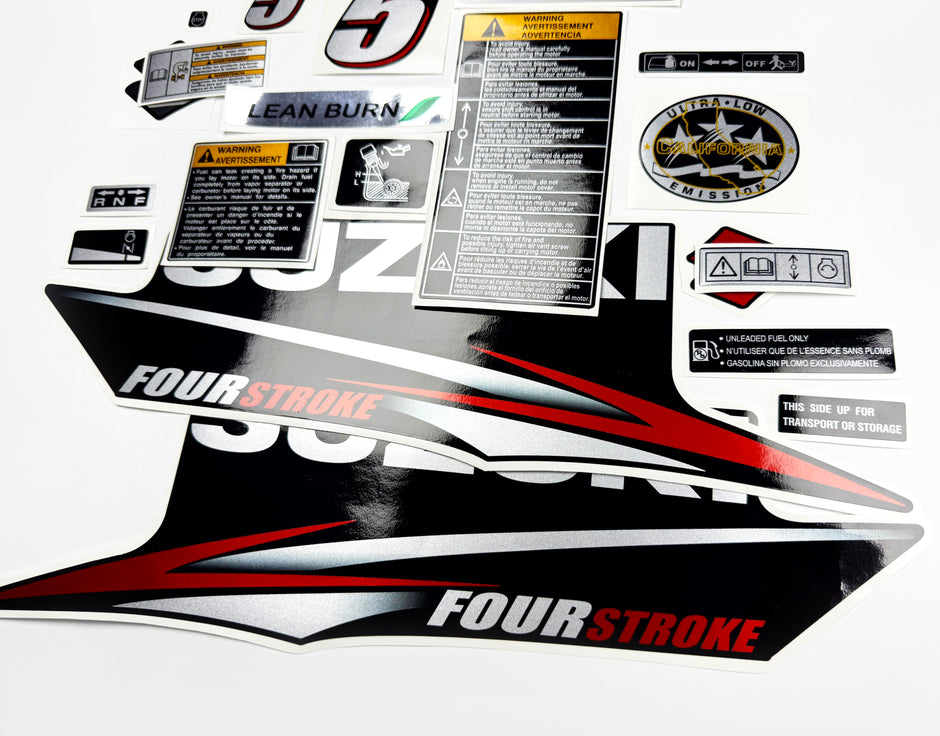 Vinyl graphic silver shimmer decals set suitable for Suzuki 5 hp four stroke outboard engine. Vinyl stickers kit for suzuki 5 hp four stroke Handmade